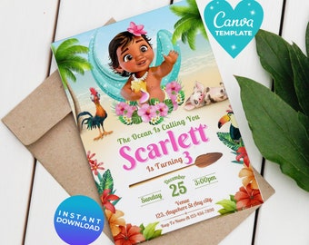 Editable Moana Birthday Invitation | Moana Theme Party invitation | Template Editable | Printable Invite | Canva Template