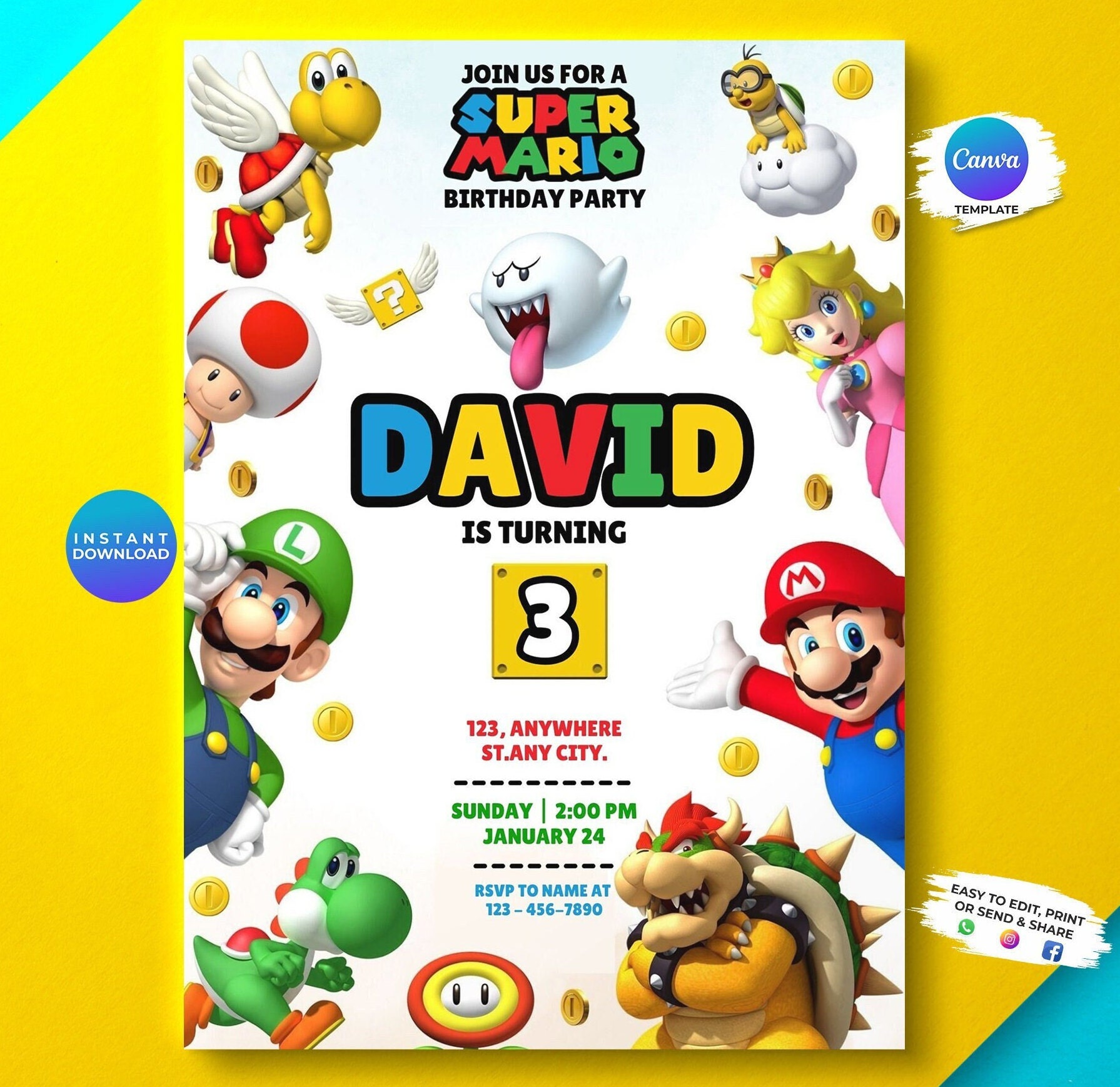 Editable Super Mario Birthday Invitation Super Mario Party Invitation