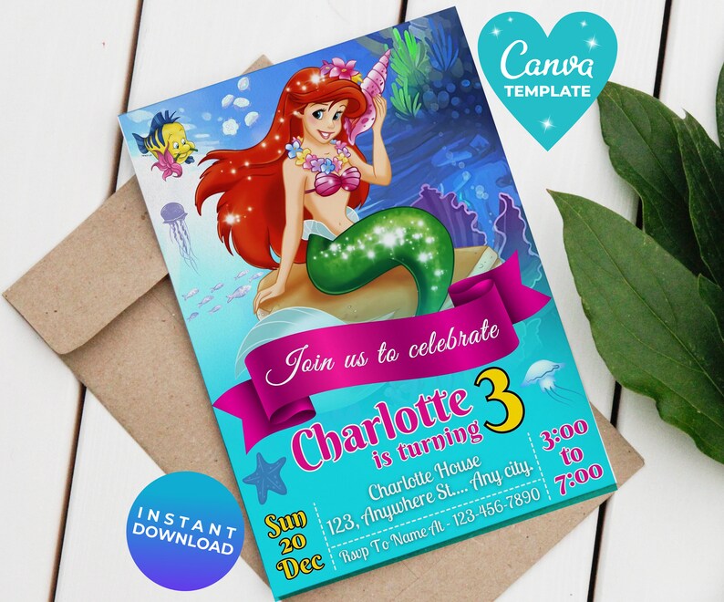 Editable Little Mermaid Birthday Invitation Ariel Party Invitation