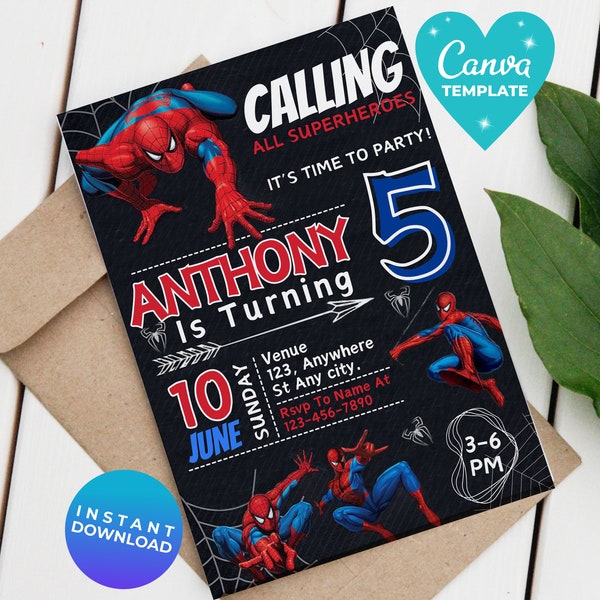 Editable Spider Man Birthday Invitation | Spider Man Kids Party invitation | Template Editable | Printable Invite | Canva Template