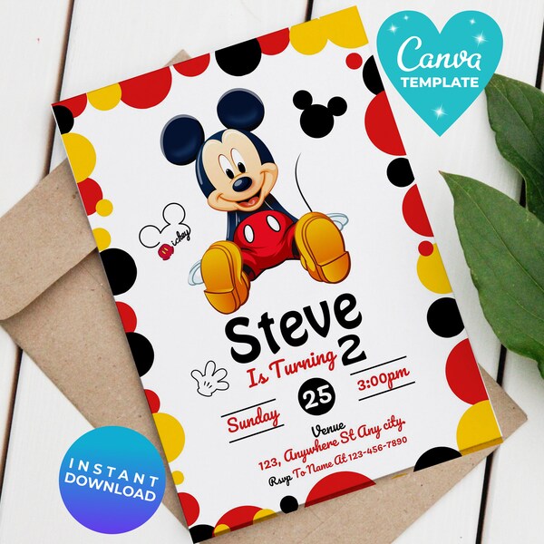 Bewerkbare Mickey verjaardagsuitnodiging | Sjabloon voor digitale kinderfeestjes, jongens uitnodigen | Sjabloon bewerkbaar | Afdrukbare uitnodiging | Canva-sjabloon