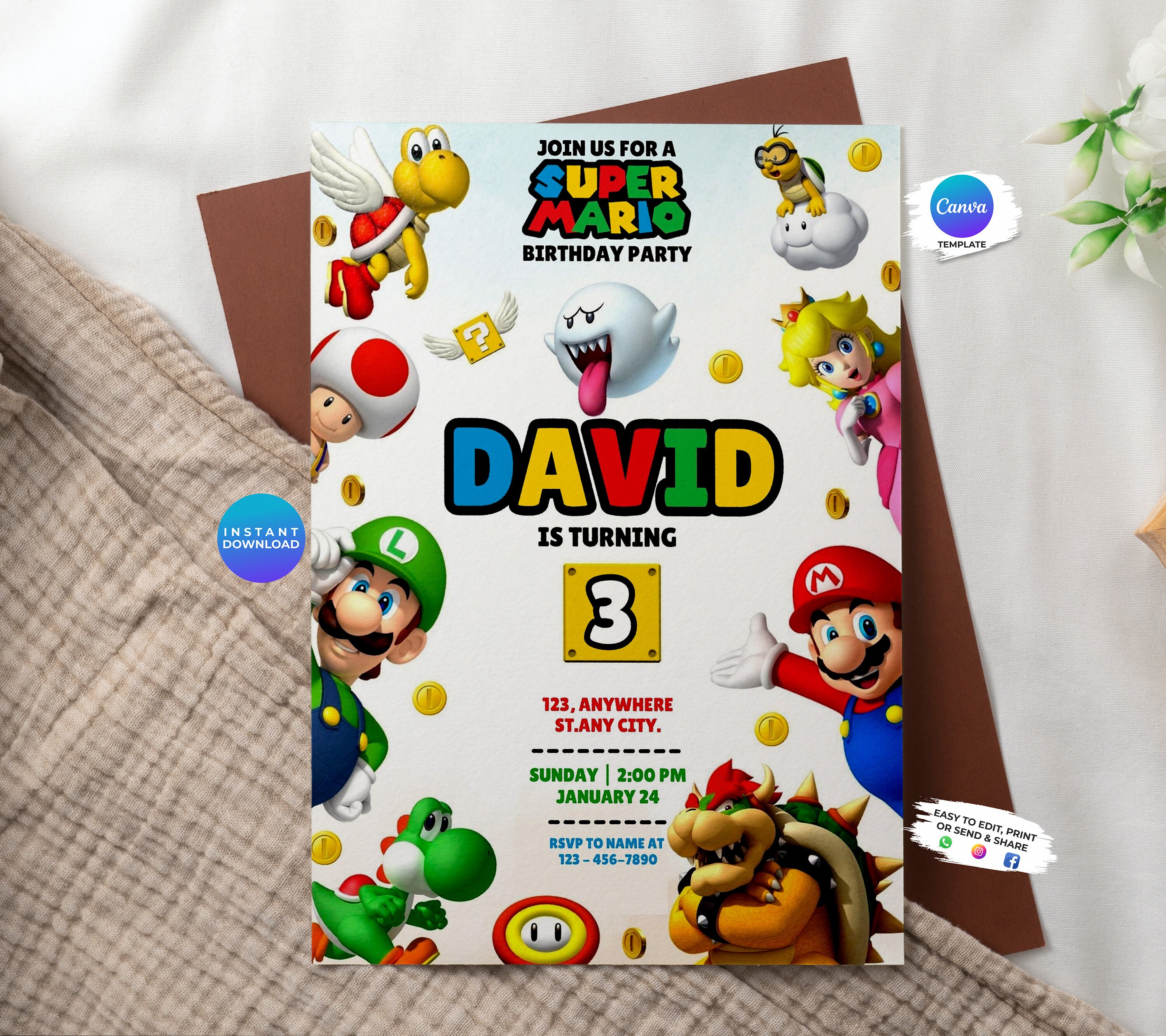 Editable Super Mario Birthday Invitation Super Mario Party Invitation ...