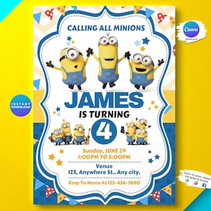 Editable Yellow Minions cute Birthday Invitation | Boys and girls Party invitation | Template Editable | Printable Invite | Canva Template