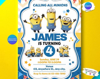 Invitación de cumpleaños linda de Minions amarillos editables / Invitación de fiesta para niños y niñas / Plantilla editable / Invitación imprimible / Plantilla Canva