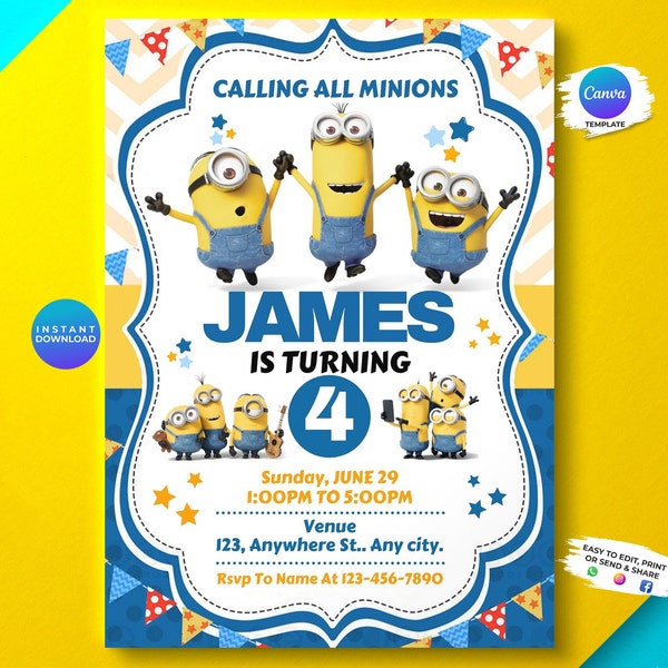 Bewerkbare gele Minions leuke verjaardagsuitnodiging | Uitnodiging voor een feest voor jongens en meisjes | Sjabloon bewerkbaar | Afdrukbare uitnodiging | Canva-sjabloon