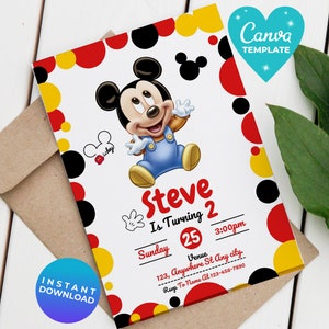 Editable Mickey Birthday Invitation | Digital Kids Party Template, Boys Invite | Template Editable | Printable Invite | Canva Template