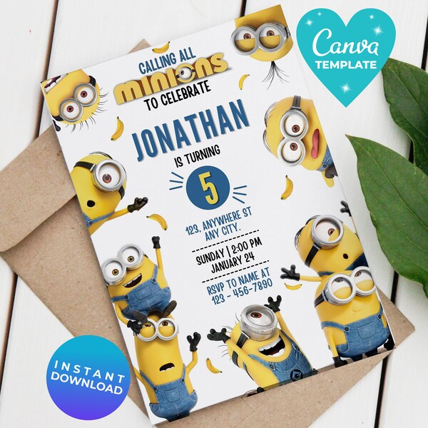 Bewerkbare gele Minions leuke verjaardagsuitnodiging | Uitnodiging voor een feest voor jongens en meisjes | Sjabloon bewerkbaar | Afdrukbare uitnodiging | Canva-sjabloon