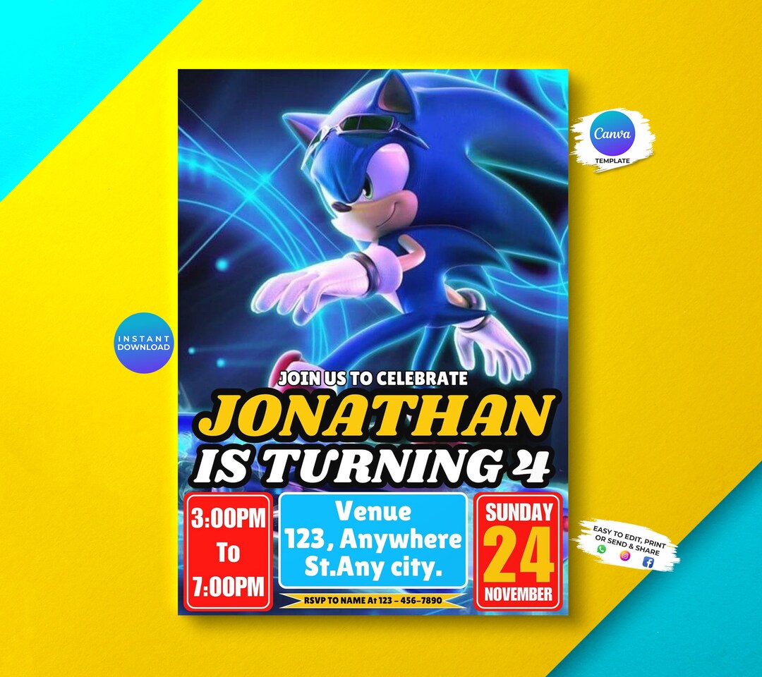 Editable Sonic Birthday Invitation Sonic Party Invitation Etsy