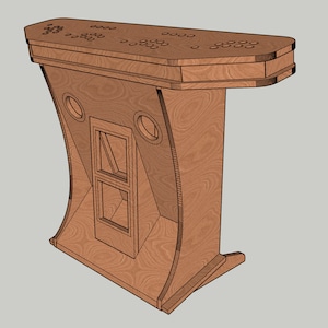 May include: A wooden arcade cabinet with a light brown finish. The cabinet features a control panel with several buttons and a joystick layout. The design includes curved sides, circular cutouts, and a geometric window.