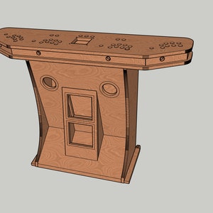 Op de afbeelding: Een houten arcadekast met een gebogen voorzijde en een platte bovenkant. De bovenkant heeft een bedieningspaneel met meerdere knoppen en een joystick. De kast heeft twee luidsprekergaten en een rechthoekig venster.