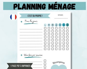 Planning ménage - Planification tâches ménagères - Organisation nettoyage - Planificateur hebdomadaire ménage à imprimer - routine ménagère