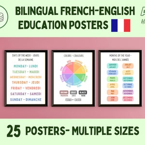 Pósteres educativos bilingües Montessori en francés e inglés / 25 láminas coloridas para decorar el aula para profesores de idiomas, tutores y estudiantes