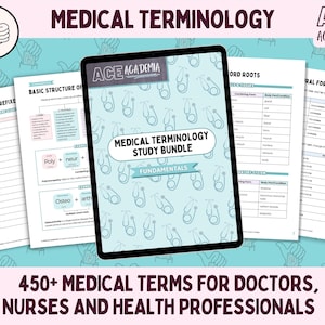 Könnte beinhalten: Ein digitaler Studienführer für medizinische Terminologie mit dem Titel "Medical Terminology Study Bundle" und dem Text "450+ Medical Terms for Doctors, Nurses and Health Professionals". Der Leitfaden zeichnet sich durch ein blaues und weißes Design mit einem Stethoskop-Muster aus.