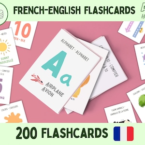 Flashcards Montessori bilíngues em francês e inglês | 200 cartões coloridos de aprendizagem para professores e educadores domiciliares | Educação Infantil