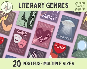 Lot de 20 affiches de genre littéraire pour les salles de classe d'anglais et les bibliothèques scolaires | Décoration anglaise pour enseignants, tuteurs, bibliothécaires et étudiants