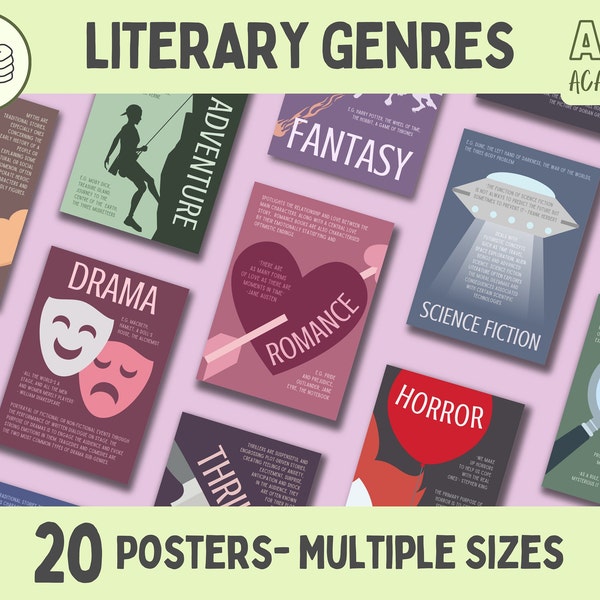 Set of 20 Literary Genre Posters for English Classrooms and School Libraries | English Decor for Teachers, Tutors, Librarians and Students