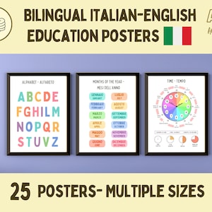 Pósteres educativos bilingües Montessori en italiano e inglés, 25 impresiones coloridas para decorar el aula para profesores de idiomas, tutores y estudiantes