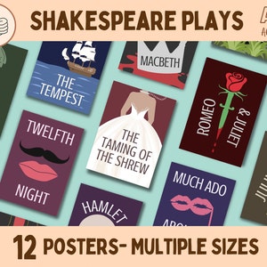 Shakespeare English Posters | Minimalist Shakespearean Classroom Decor | Set of 12 Wall Art Prints for Students, Teachers and Tutors