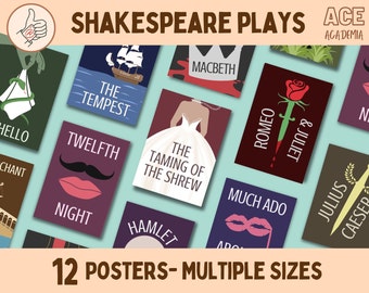 Peut inclure: Douze affiches colorées représentant des illustrations minimalistes et les titres de pièces de Shakespeare, notamment La Tempête, La Nuit des Rois, Macbeth, Roméo et Juliette, La Mégère apprivoisée, Beaucoup de bruit pour rien, Hamlet, Jules César, et plus encore. Les affiches sont disposées en grille sur un fond bleu clair. Le texte "12 Affiches - Plusieurs tailles" est en bas de l'image.