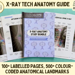 May include: A spiral-bound X-Ray Anatomy Study Bundle with a light purple cover featuring a repeating X-ray machine icon pattern. The bundle is displayed with several open pages showing labeled anatomical landmarks on various X-ray images.