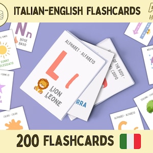 Flashcards Montessori bilíngues em italiano e inglês | 200 cartões coloridos de aprendizagem para professores e educadores domiciliares | Educação Infantil