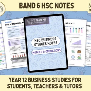 Op de afbeelding: Een blauwe en witte digitale tablet met de tekst "HSC Business Studies Notes" en "Module 5: Operations". De tablet is omringd door een blauwe en witte achtergrond met tandwielen en de tekst "Band 6 HSC Notes" en "ACE Academia".