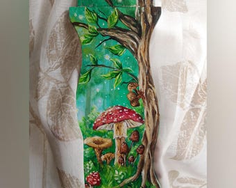 Originalgemälde auf Holz mit Pilzen und Waldmotiv – Handgefertigtes Waldbild, rustikale Herbstdekoration, handgefertigte Acrylmalerei