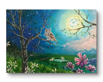 満月の夜2-オリジナルのガッシュの絵、ガッシュの絵、フクロウの絵