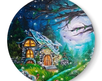 Fantasy landscape painting with gnome house and mushrooms, forest painting, acrylic on canvas. Original art, fantasy decoration