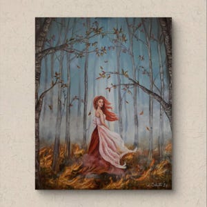 Oil on canvas of forest, surreal art, woman portrait. Original painting to frame, fantasy style image, forest in the fog