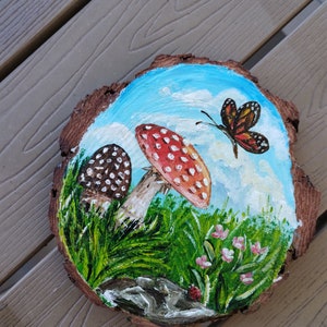 Petits champignons peints sur bois, paysage forestier, décoration hivernale, cadeau original, tableau fantaisie à accrocher, art mural image 3