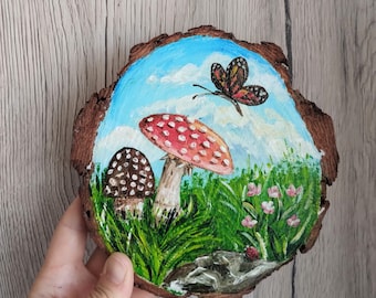 Petits champignons peints sur bois, paysage forestier, décoration hivernale, cadeau original, tableau fantaisie à accrocher, art mural