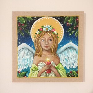 Weihnachtsengel, sakrales Gemälde. Religiöse Malerei, schöne Geschenkidee für die Inneneinrichtung, Originalgemälde, Wanddekoration