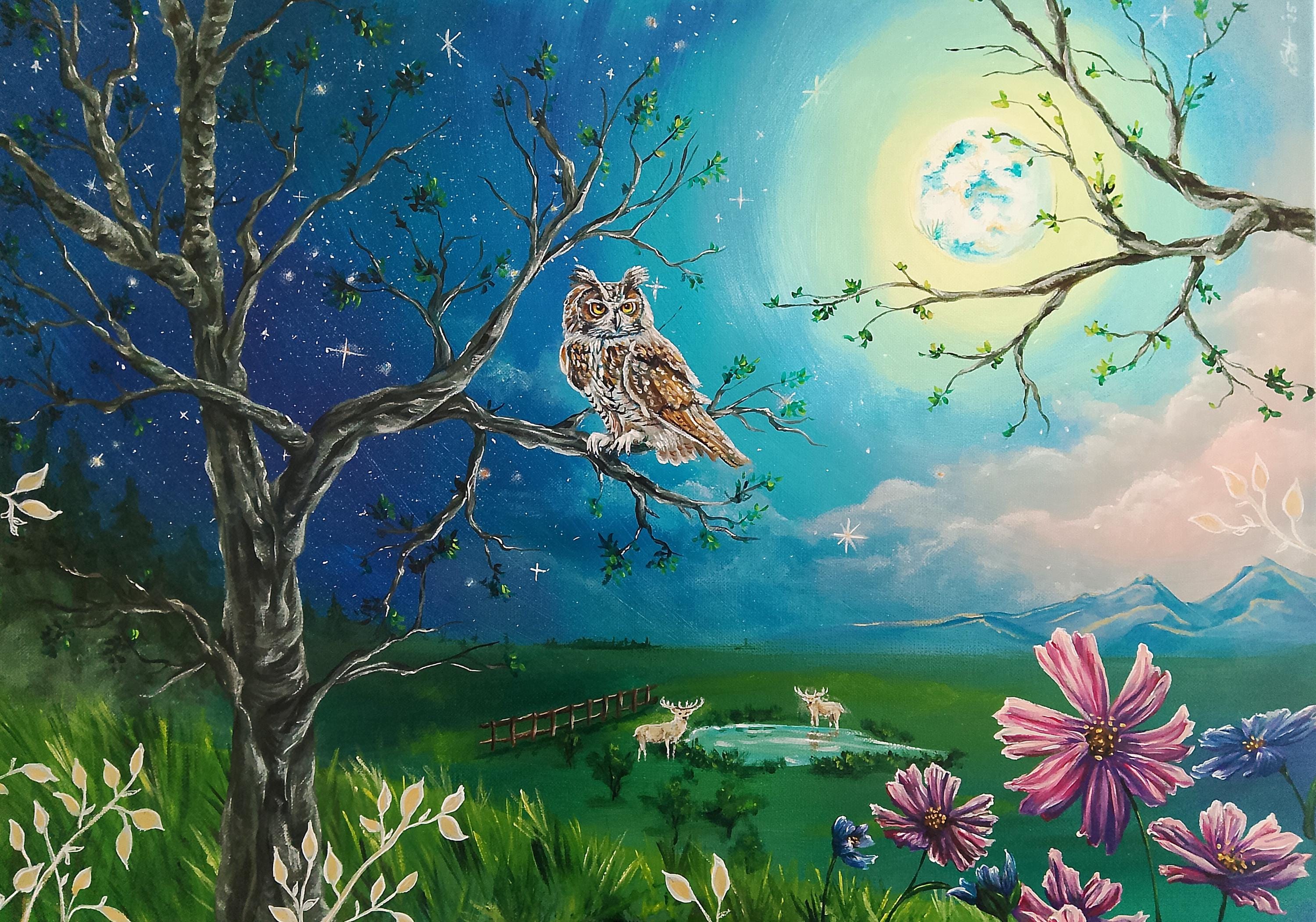 満月とフクロウの夜景を描いた手描きのアクリルキャンバス、壁アート