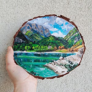 Mountain landscape on hand painted wood slice, wooden disc, miniature art. Lake in the forest, nature art, gift idea