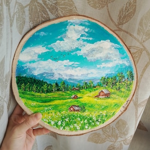 Painted Wooden Disc with Mountain Landscape, Summer Landscape Acrylic Painting on Wood Slice. Natural Home Decor