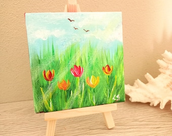 Mini Tulip Painting | Original Floral Artwork on 10 cm Canvas | Handmade Acrylic Painting with Easel | Small Housewarming Gift