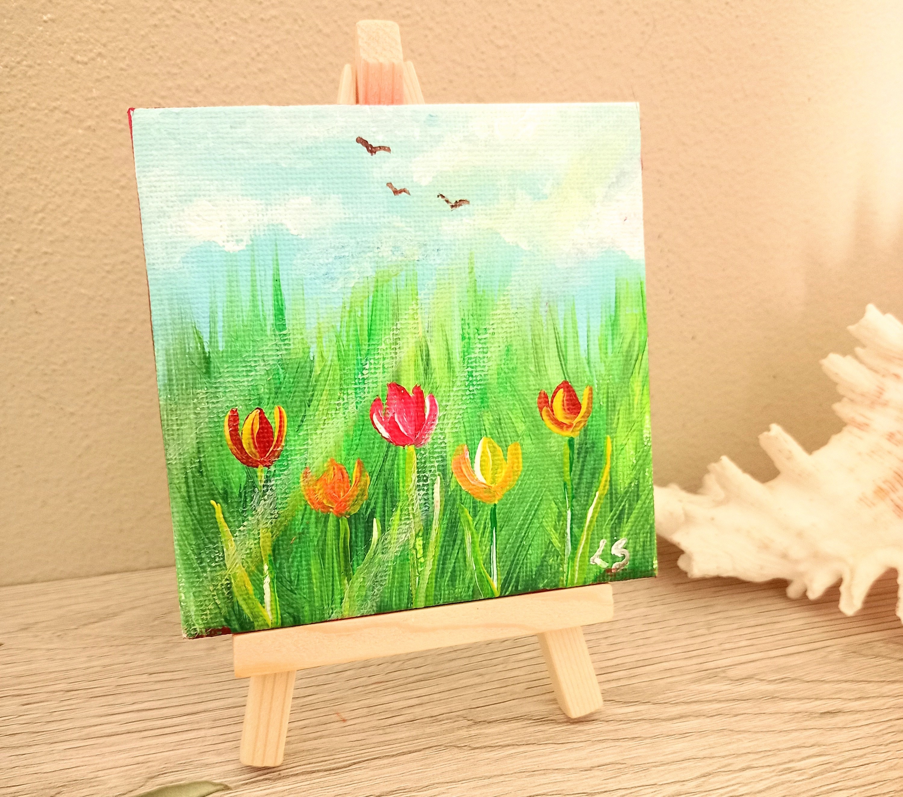 Small Hand-painted Flower Painting With Its Easel, Original