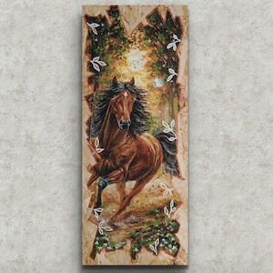 Malowany ręcznie obraz dekoracyjny na desce, portret galopującego konia, obraz w stylu rustykalnym, naturalna sztuka ścienna