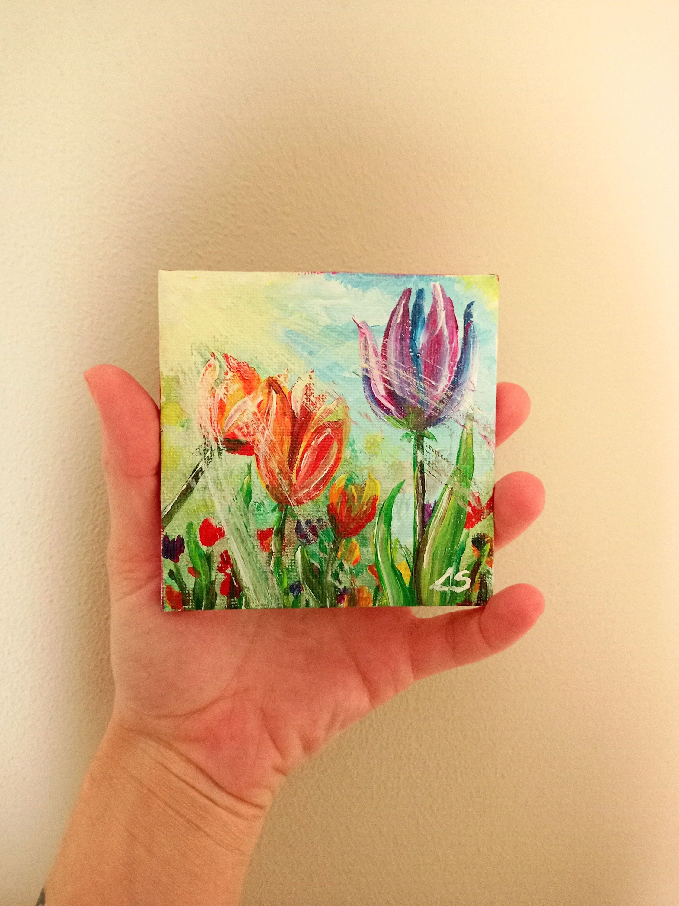 Small Hand-painted Flower Painting With Its Easel, Original