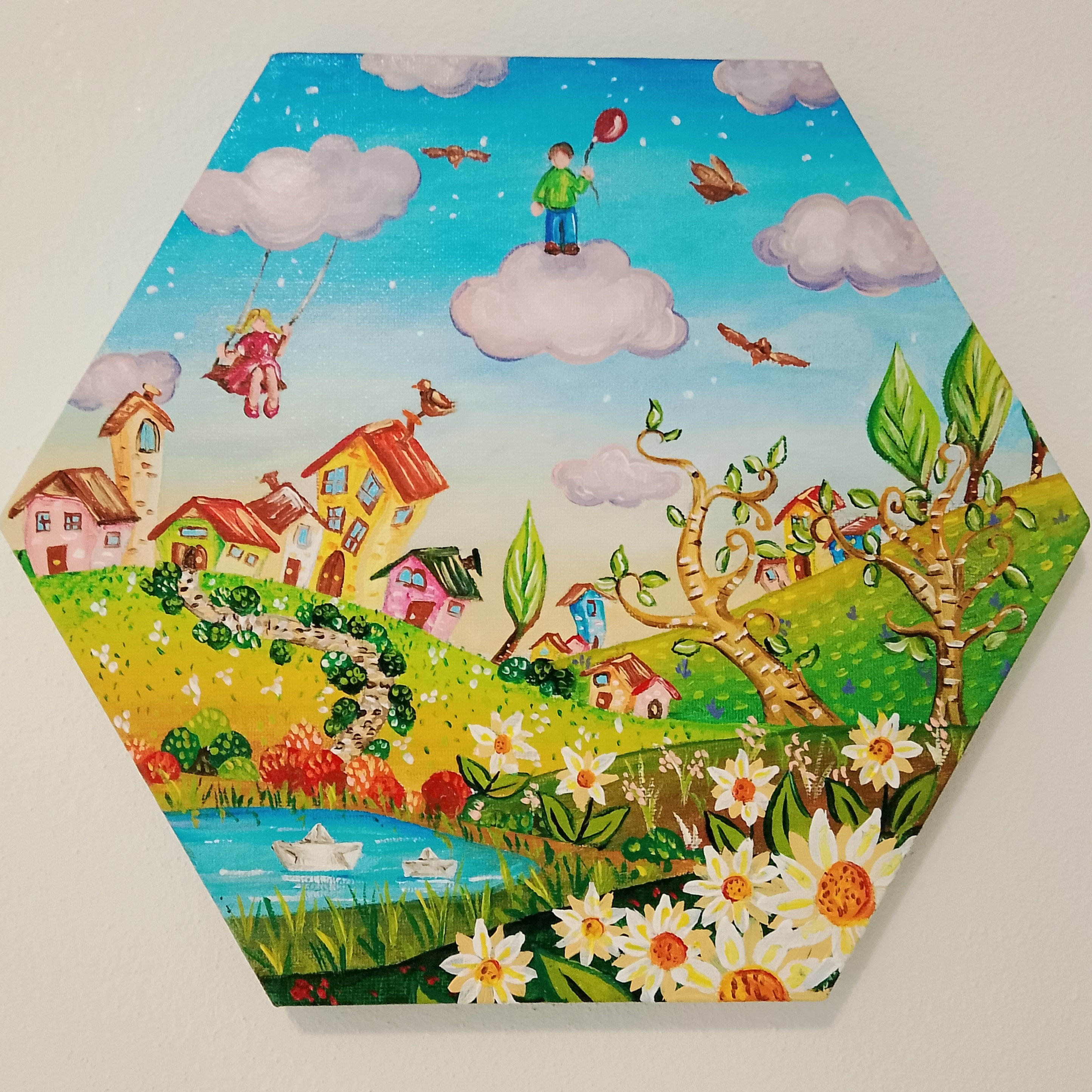 Naive landscape painting on canvas, small colorful painting, wall decoration, hill panorama, original art, gift idea