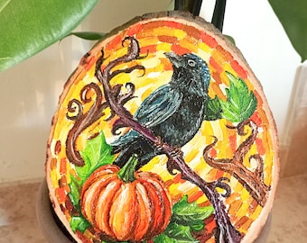 Pumpkin and Crow Painting on Wood – Handmade Autumn Decor, Rustic Woodland Wall Art, Cottagecore Home Decoration Gift, Halloween home decor