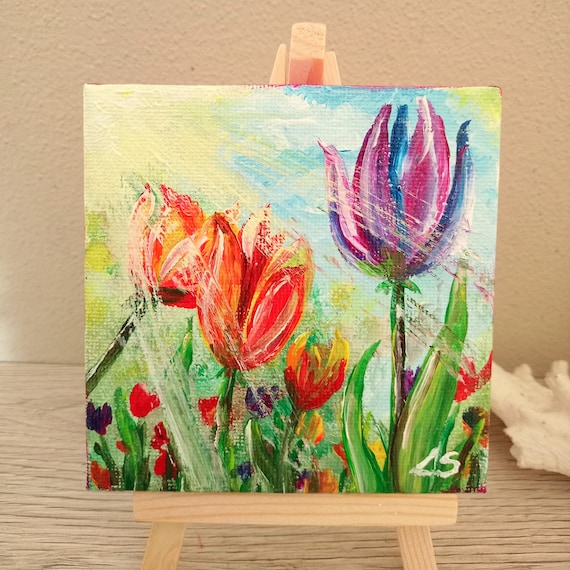 Small Hand-painted Flower Painting With Its Easel, Original