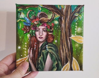 Fée de la forêt, nymphe peinte sur une petite toile, tableau avec une image fantastique d'un esprit magique de la nature. Peinture forestière originale