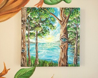Enchanted and surreal forest painted on canvas, small hand painting. Original wall art, embossed material art. Magical forest