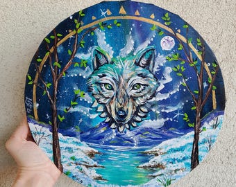 30cm Round Canvas with Winter Landscape Painting and Wolf Portrait. Northern Lights Painting with Sacred Animal, Original Acrylic