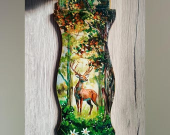 Cuadro de ciervo sobre madera reciclada, pintado a mano – Arte mural acrílico, bosque místico, arte rústico, pieza única.