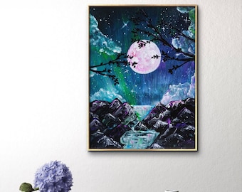 Tableau avec pleine lune, petite toile originale, paysage nocturne avec ciel étoilé, panorama montagne, mini tableau à encadrer