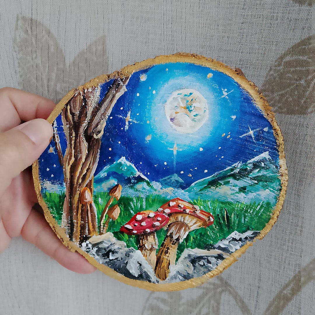 Painted Wood Slice, Mushroom Painting on Wooden Board. Natural Art