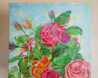 Pink Rose Painting on Canvas – Original Floral Artwork, Handmade Acrylic Flower Art, Romantic Shabby Chic Home Decor Gift, Pastel wall art